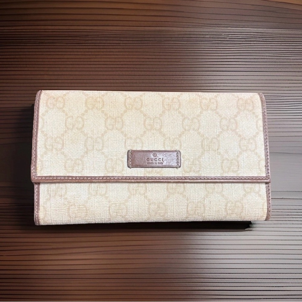 Gucci Beige Monogram Continental Wallet with Light Brown Trim